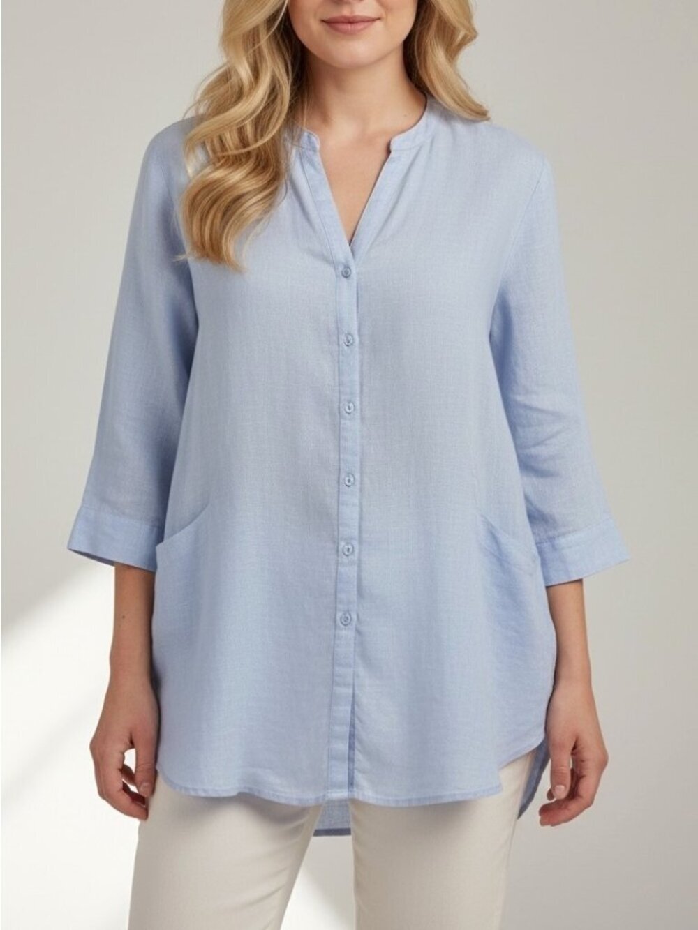 Sigrid Olsen 100% Linen Light Blue Button Front Tunic Blouse Women's 1X Plus